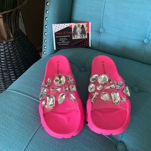Neon Pink Crystal Sandal Slides